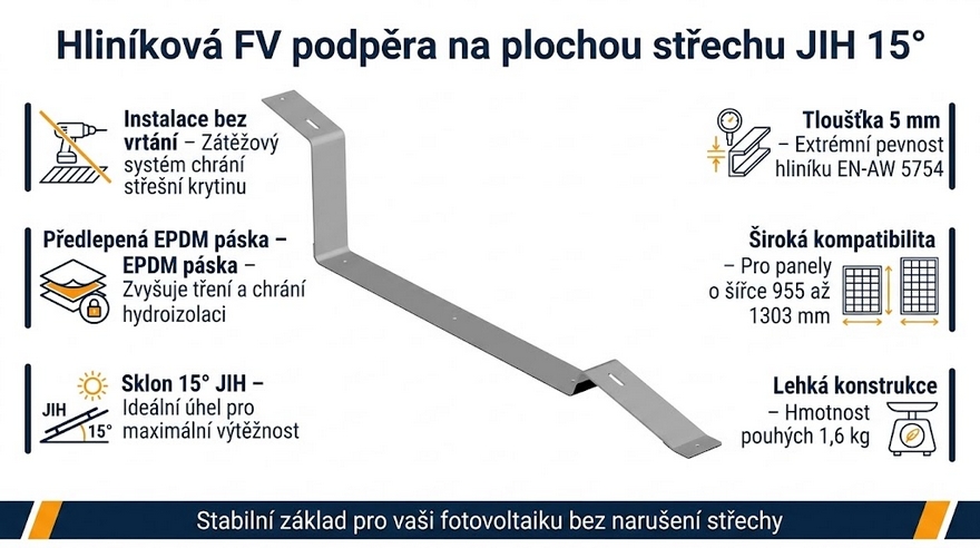 Hliníková FV podpěra na plochou střechu JIH 15° + EPDM /1240x327mm/